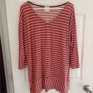 See in Love Striped Coral and Gray V-Neck Top